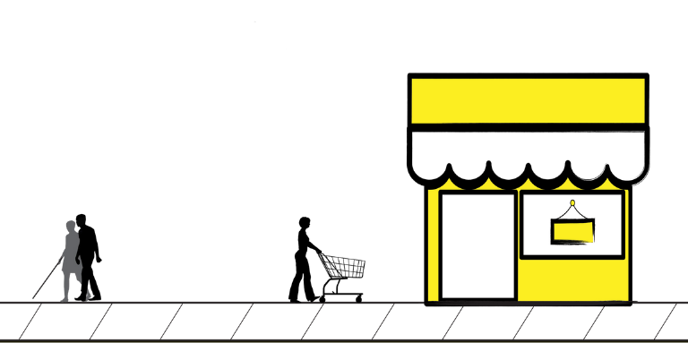 A graphic art illustration of three people walking down a city sidewalk. One icon has a white cane and is accompanied by a person who is providing sighted guide. To the right of them is an icon of a woman pushing a shopping cart. The woman is entering a storefront.