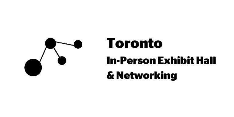 A white wallpaper featuring an abstract design of 4 dots. Text: Toronto In-Person Exhibit Hall & Networking