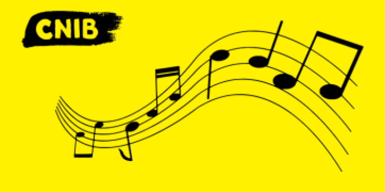 The CNIB logo sits to the left of an illustration of a music scale. 