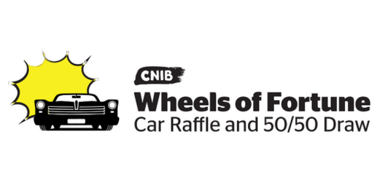 An illustration of the front end of a classic car. To the left of the car, an abstract yellow-flash design appears. Text: CNIB Wheels of Fortune Car Raffle and 50/50 Draw.
