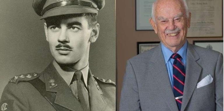 Two images side by side. Left image of Arthur Britton Smith in his World War II military uniform. Right image A senior Arthur Britton Smith smiles in his office