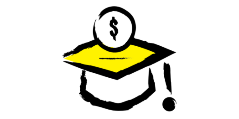 Illustration d'une casquette de fin d'études avec un signe de dollar flottant au-dessus de la casquette.