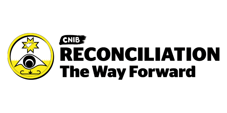 CNIB Reconciliation Icon. A graphic art illustration featuring a stylized eye within a ring or circle. The bottom part of the design features an eye and yellow waves with a double-curve mosaic. Above the eye, there is a yellow 8-point star with a white eagle head in the centre of the design. Text: CNIB Reconciliation The Way Forward.  
