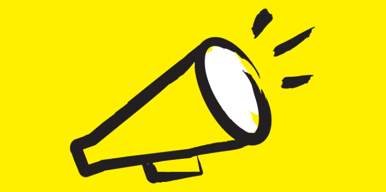 An illustrated bullhorn blowing against a yellow background.