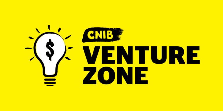 Venture Zone logo. An illustration of a lightbulb with a dollar sign placed in the centre. Text: CNIB Venture Zone. 
