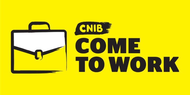 Come to Work logo. An illustration of a briefcase outlined in black, paintbrush style design. Text: CNIB Come to Work