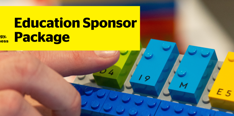 A hand touching braille lego bricks. Text reads CNIB Connecting the Dots Education Sponsor Package.