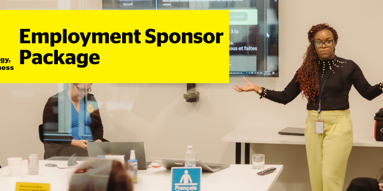 A woman presenting a slideshow to a room. Text reads CNIB Connecting the Dots Employment Sponsor Package.