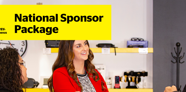 A group of people speaking in business attire. Text reads CNIB Connecting the Dots National Sponsor Package.