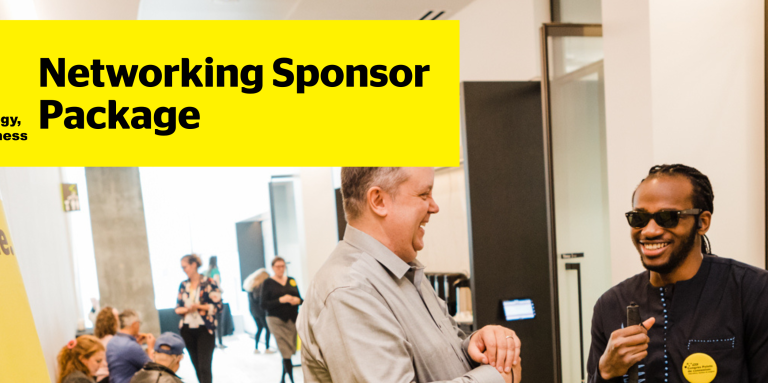 Two men speaking and laughing in business attire. Text reads CNIB Connecting the Dots Networking Sponsor Package.