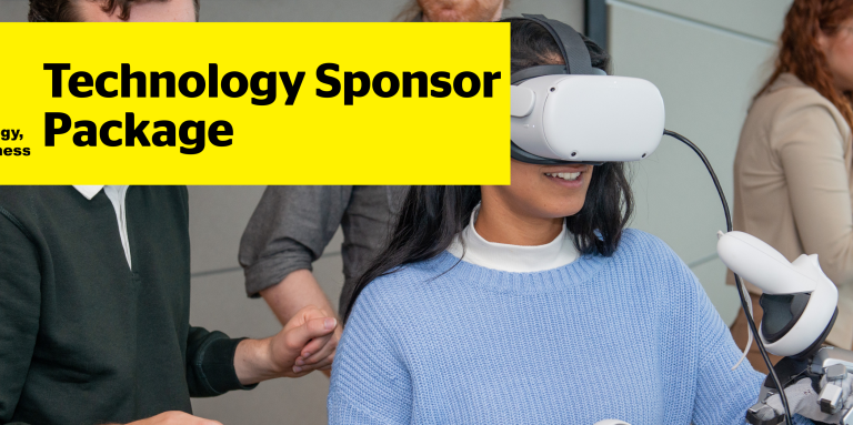 A woman using a VR headset. Text reads CNIB Connecting the DotsTechnology Sponsor Package.
