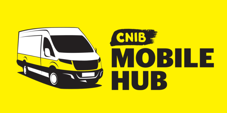  CNIB Mobile Hub logo. A graphic art illustration of a white cargo van outlined with yellow and black accents. Text: CNIB Mobile Hub.