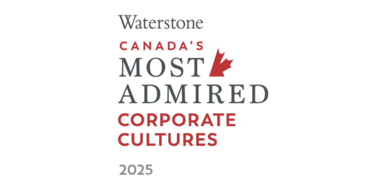 Logo: Red and Grey text, Waterstone Canada's Most Admired Corporate Cultures 2026. To the right of the text is an illustration of a maple leaf cut in half. 