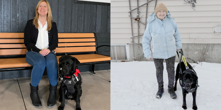 A collage of two photographs featuring two graduating partnerships. Left: Larissa sits on a bench while her black guide dog, Tulip, sits at her feet in harness. Right: Barb stands in a snowy backyard with her black guide dog, Beacon, in harness at her side.