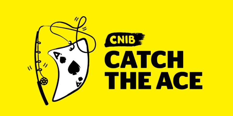 CNIB Catch the Ace Logo. An illustration of the ace of spades attached to a fishing rod. Text: CNIB Catch the Ace. 