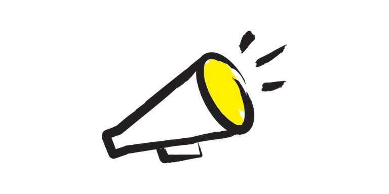 An illustration of a megaphone outlined in a black paintbrush style design with white and black accents.