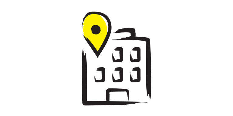 An illustration of a building with a yellow location drop pin on the top left-hand corner of the design.