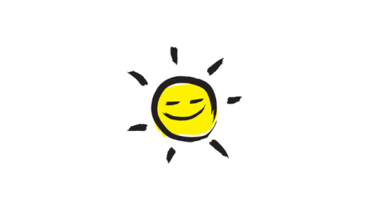 An illustration of a smiling sunshine icon outlined in a black paintbrush style design. A dash of yellow paint appears on the centre of the sunshine. 