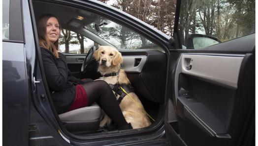 A woman sitting in the front passenger seat of a taxi with her golden retriever guide dog sitting on the floor at her feet with the car door open.