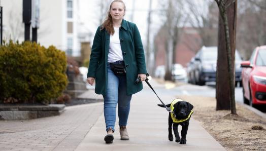 Maja marche sur un trottoir en direction de l'appareil photo, tenant la laisse de Lily qui marche à ses côtés; Lily est jeune labrador noire croisée golden retriever, portant un gilet jaune vif de futur chien-guide.