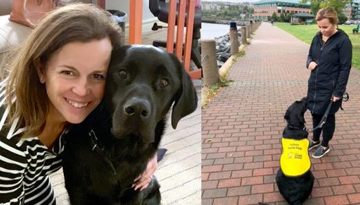 A collage of two photographs. Left: Denise crouching next to Harlow with her arm around him. Right: Denise doing training with Harlow, who is sitting and wearing his Future Guide Dog vest, on the waterfront in Halifax.