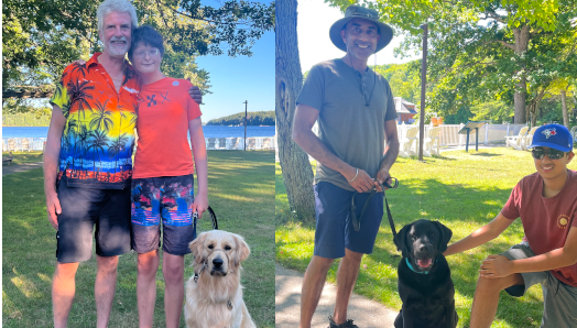 A collage of two photographs featuring 2 young participants, their parents, and their accompanying buddy dogs.