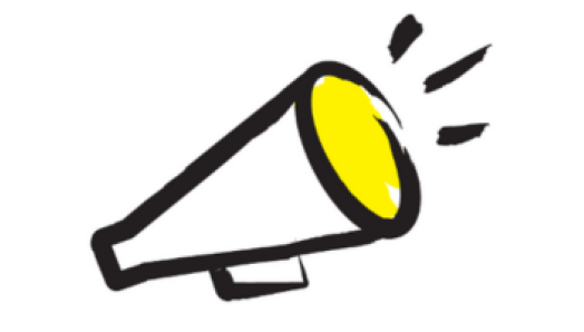 Description de l’image : Illustration d’un mégaphone dessiné au pinceau noir avec des accents jaunes.