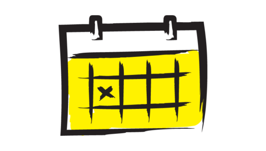 An illustration of a calendar on a yellow background outlined in a black paintbrush-style design.