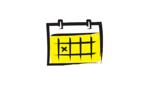An illustration of a calendar on a white background outlined in a black paintbrush-style design with yellow accents.