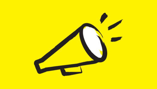 An illustration of a megaphone outlined in a black paintbrush-style design with yellow accents.