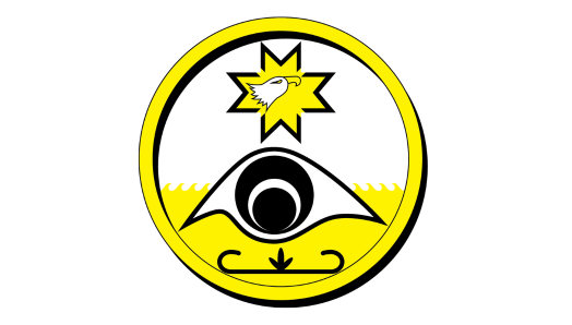 CNIB Reconciliation Icon. A graphic art illustration featuring a stylized eye within a ring or circle. The bottom part of the design features an eye and yellow waves with a double-curve mosaic. Above the eye, there is a yellow 8-point star with a white eagle head in the centre of the design. 