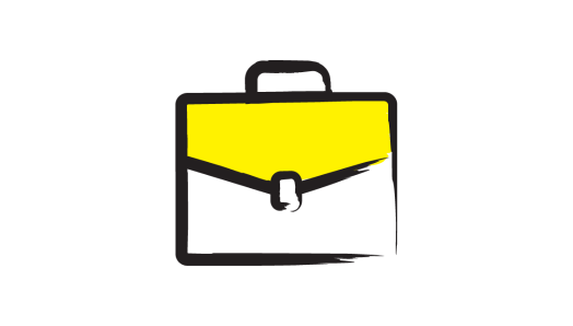 An illustration of a briefcase outlined in a black paintbrush-style design with yellow accents.