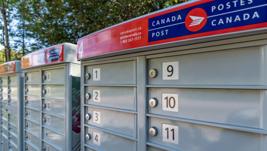 Three outdoor Canada Post community mailboxes with a tree in the background.