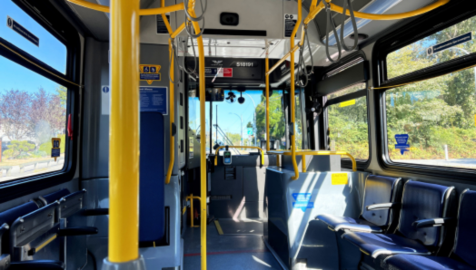 The empty interior of a city bus. Rows and rows of empty seats.