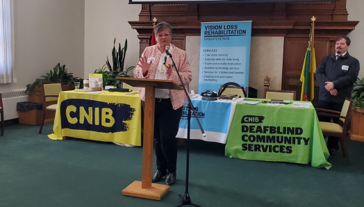 CNIB’s Chief Inclusion Officer, Christall Beaudry, stands at a podium and microphone to provide her remarks. Behind her are tables with the CNIB, DBCS, and VLR logos, along with a slideshow projected onto a large screen.