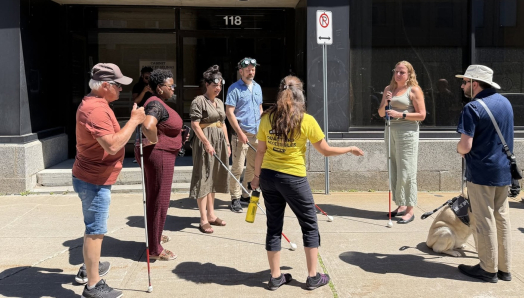On a sidewalk, a woman wearing a yellow shirt is explaining something to a group of people. Among them are a man and a woman holding a white cane, a man accompanied by a guide dog, and two people wearing simulation goggles and a white cane.