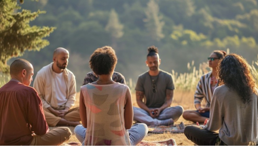 A diverse group of adults sits in a circle outdoors on blankets in a peaceful natural setting. Surrounded by trees and tall grass, the is engaged in a meditation exercise.