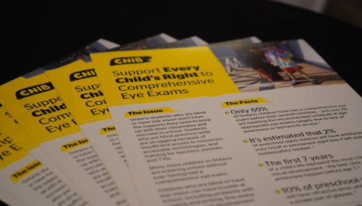 Several brochures are fanned out on a table. Each brochure has a yellow heading with a CNIB logo and black text that reads “Support Every Child’s Right to Comprehensive Eye Exams.” Subheadings are visible that read “The Issue” and “The Facts.”